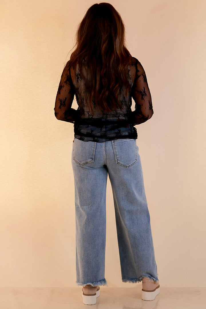 Delicate Charm Long Sleeve Sheer Lace Top with Mock Neck in Black