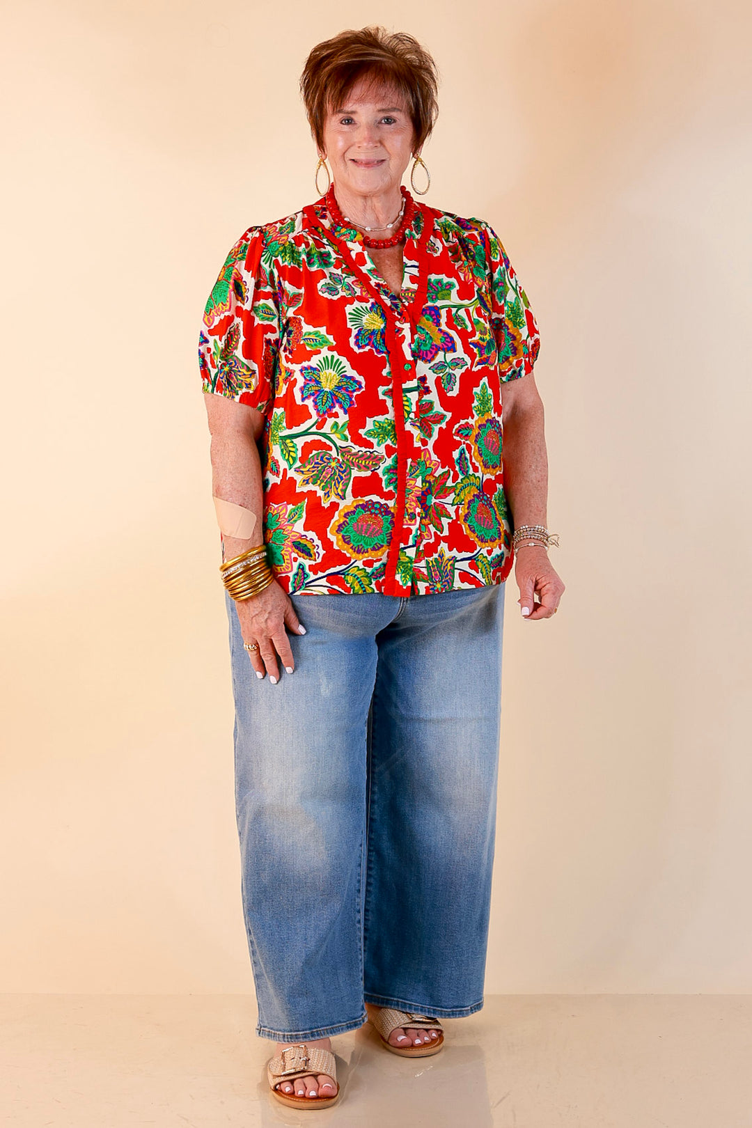 Petal Pop Floral Print Ruffle Front Button Up Top with Puff Sleeves in Red