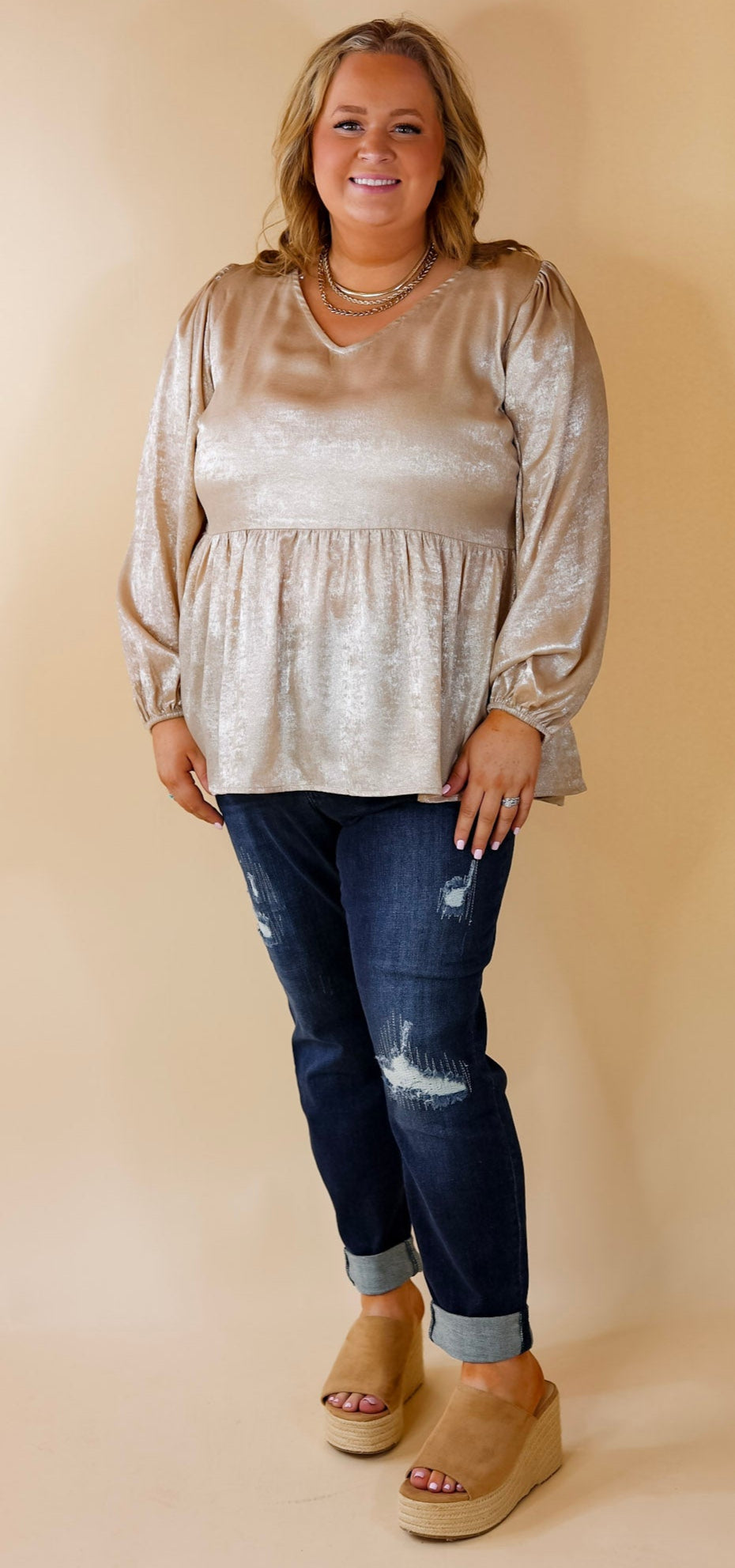 Popular Opinion Metallic V Neck Peplum Top with Long Sleeves in Champagne - Giddy Up Glamour Boutique