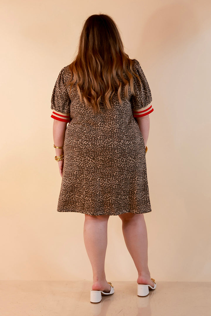 Winning Look Half Zip Puff Sleeve Dress with Contrast Trim in Leopard Print