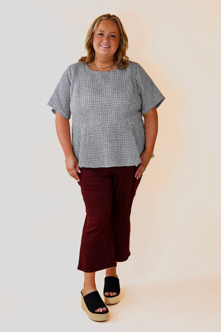 Back and Better Tweed Peplum Top with Short Sleeves in Black and White - Giddy Up Glamour Boutique