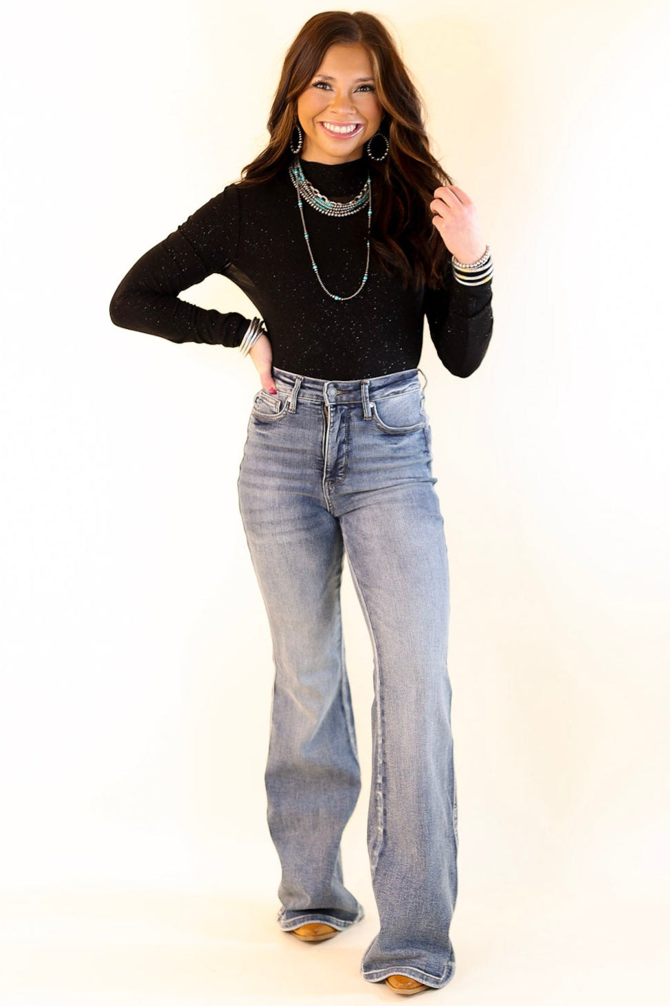 Try Your Luck Glitter Mesh Long Sleeve Bodysuit in Black