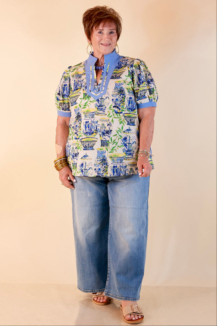 Coast is Clear Vase Print Contrast Trim Top with Puff Sleeves in Blue Multi