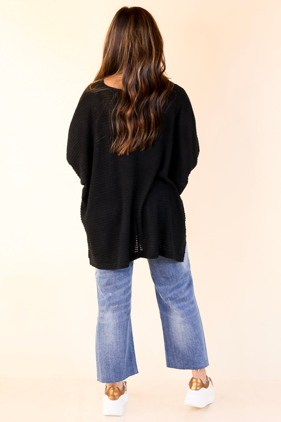 Breezy Intuition 3/4 Cuffed Sleeves Waffle Net Blouse In Black