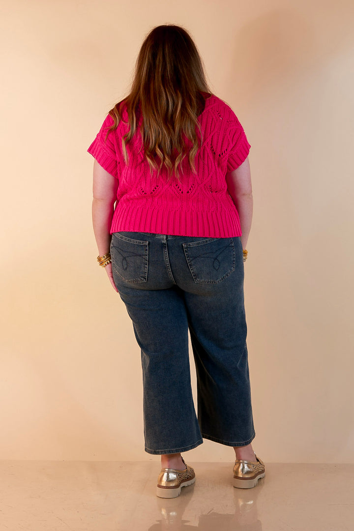 Knit to Last Cable Knit Short Sleeve Sweater Top in Hot Pink