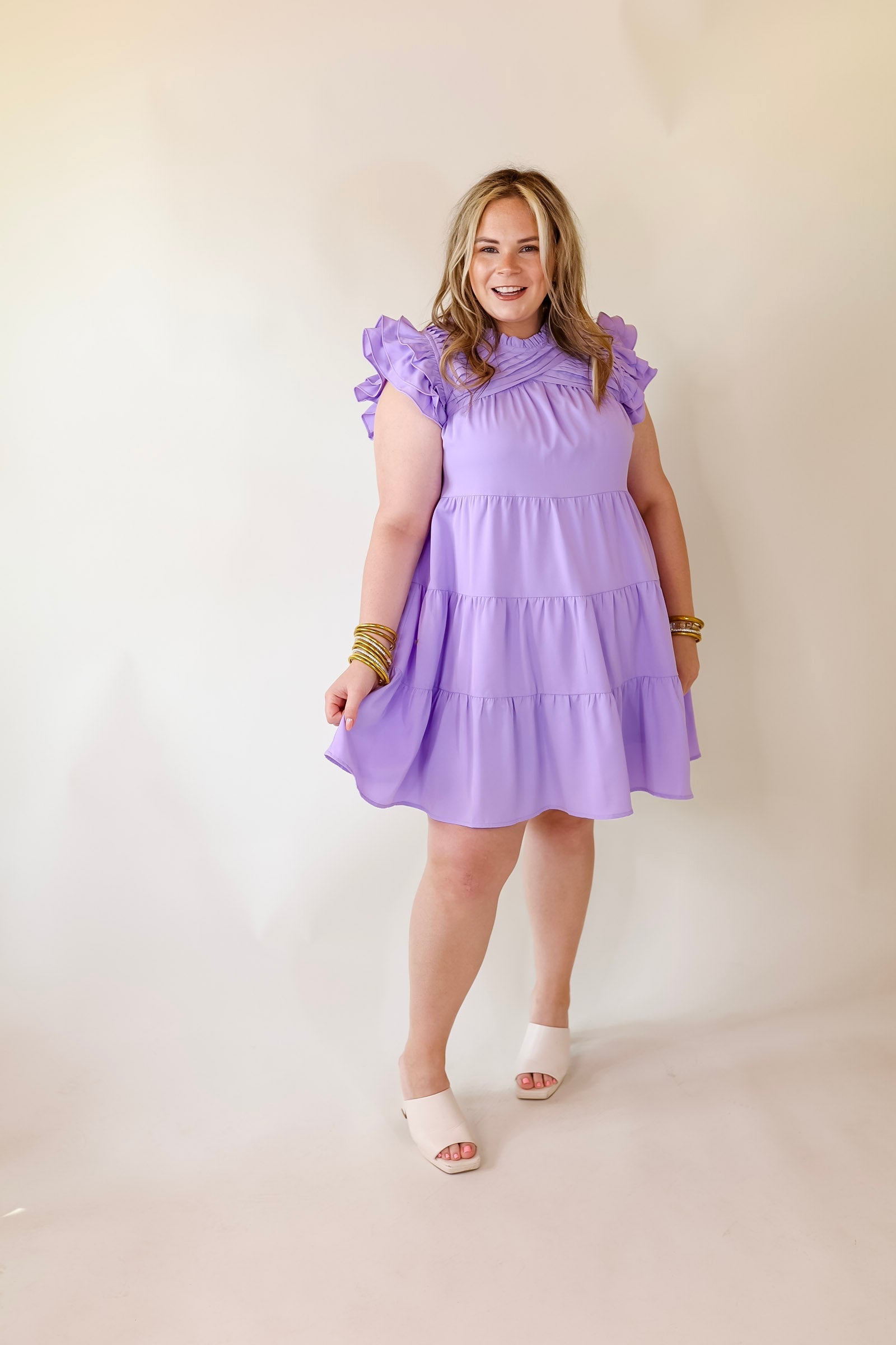 Chic On Scene Ruffle Tiered Dress with Pleated Detailing in Lavender Purple - Giddy Up Glamour Boutique