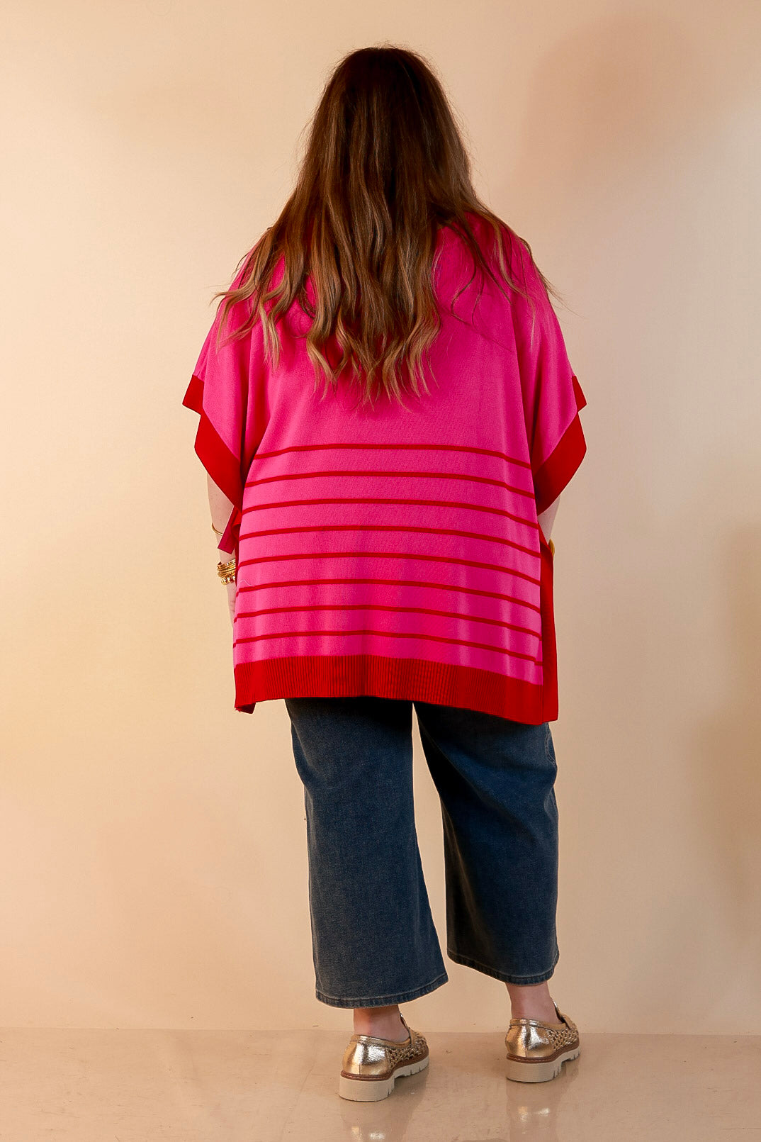 Casual to Chic Short Sleeve Striped Poncho Top in Pink and Red