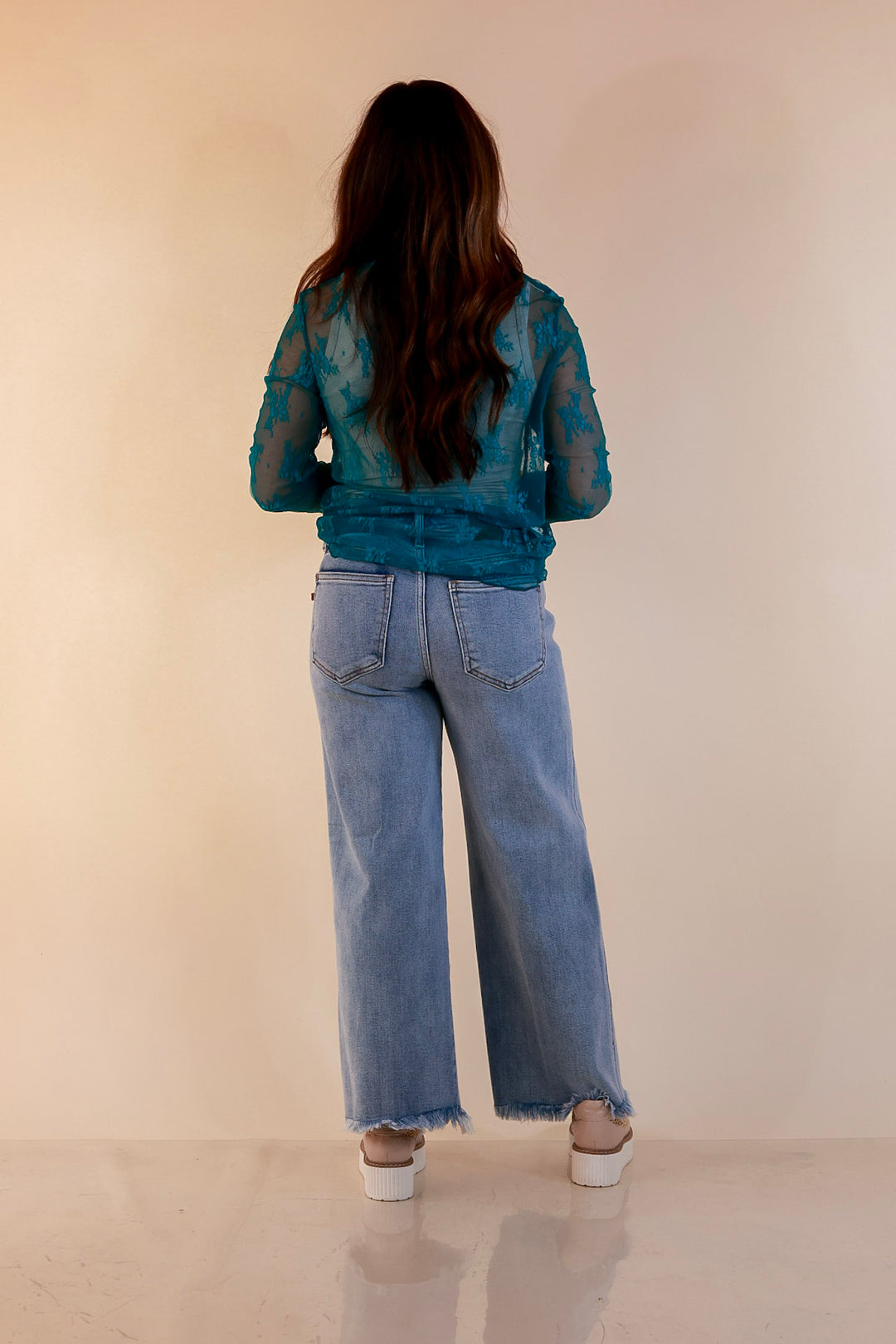 Delicate Charm Long Sleeve Sheer Lace Top with Mock Neck in Turquoise Blue