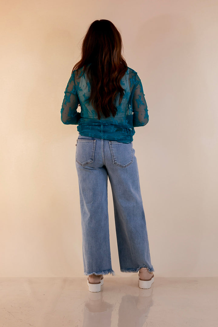 Delicate Charm Long Sleeve Sheer Lace Top with Mock Neck in Turquoise Blue