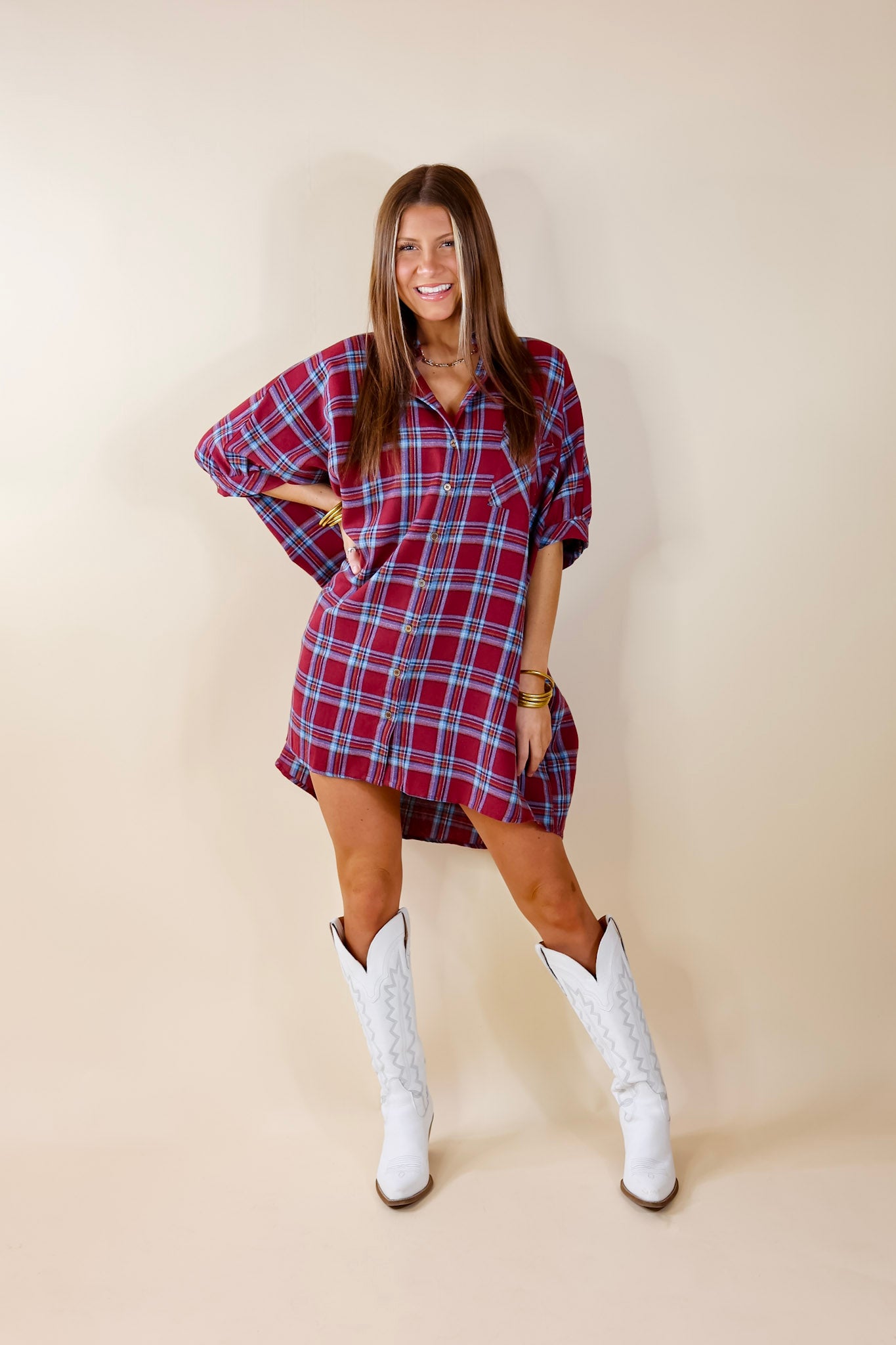 Cozy And Kind Button Up Plaid Dress in Maroon
