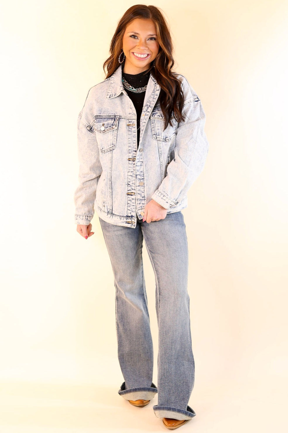 Take A Minute Crystal Front Pocket Denim Jacket in Light Wash