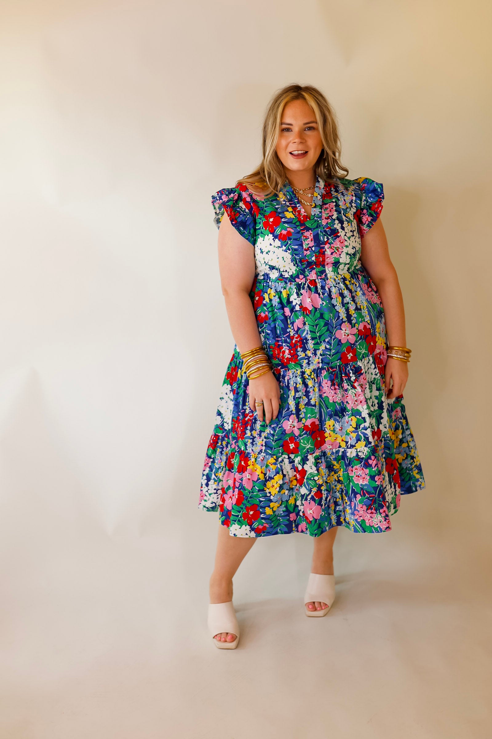 Magnolia Morning Floral Ruffle Cap Sleeve Tiered Midi Dress in Blue - Giddy Up Glamour Boutique