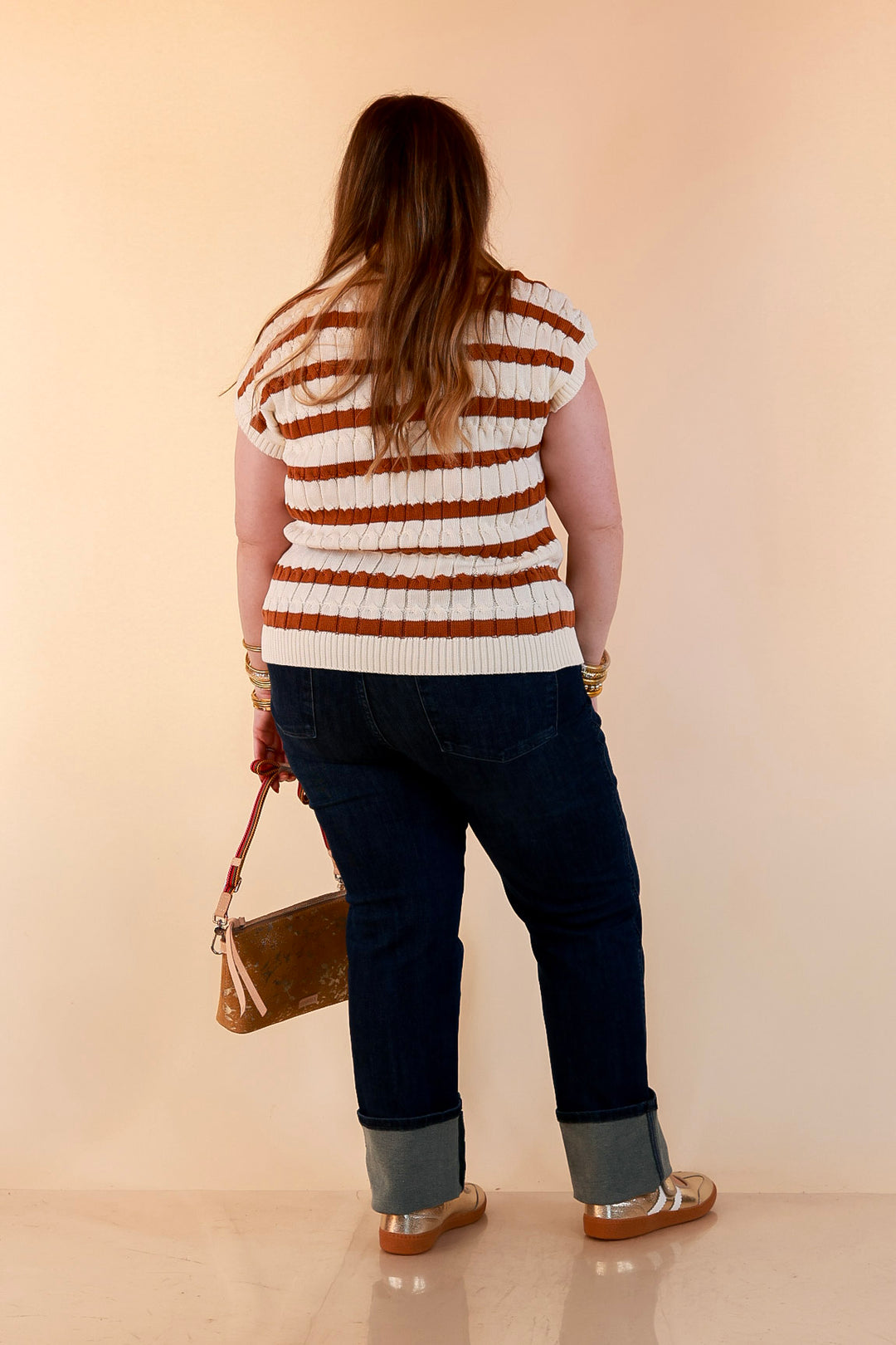 Signature Stripe Drop Shoulder Cable Knit Collared Polo Top in Ivory with Camel Brown Stripes