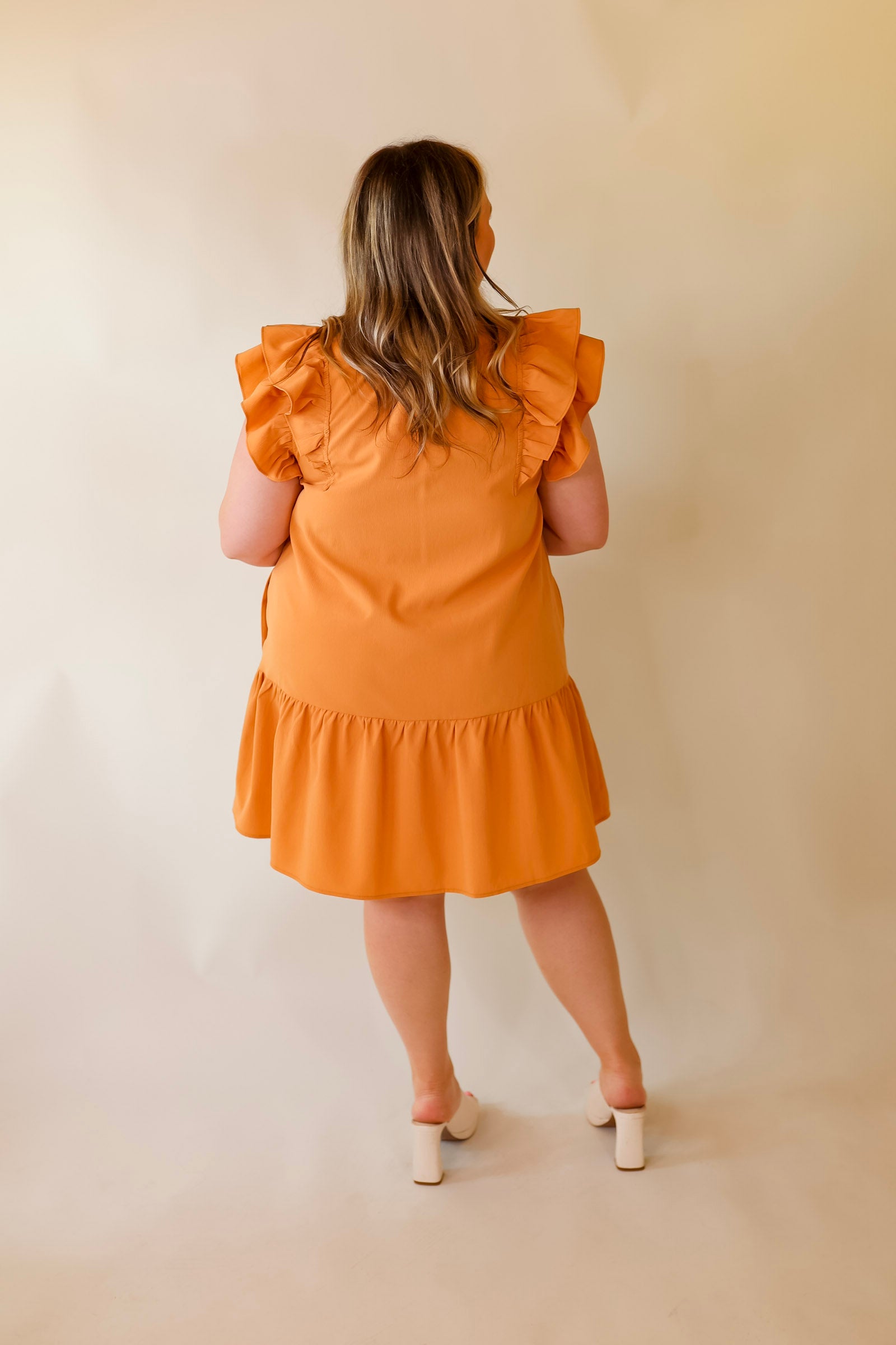 Powerful Love Ruffle Cap Sleeve Dress with Keyhole and Tie Neckline in Sunset Orange - Giddy Up Glamour Boutique