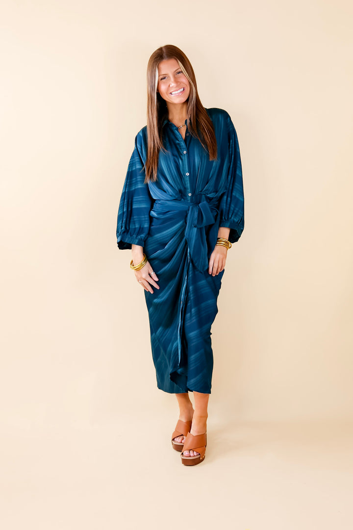 Decisions To Make Button Up Midi Dress in Dark Teal Blue - Giddy Up Glamour Boutique