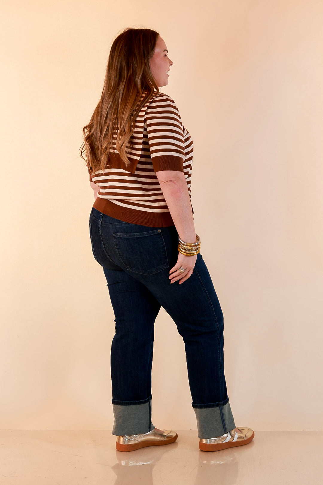 Leading Lady Faux Sweater Tie Detail Short Sleeve Striped Knit Top in Brown and Ivory