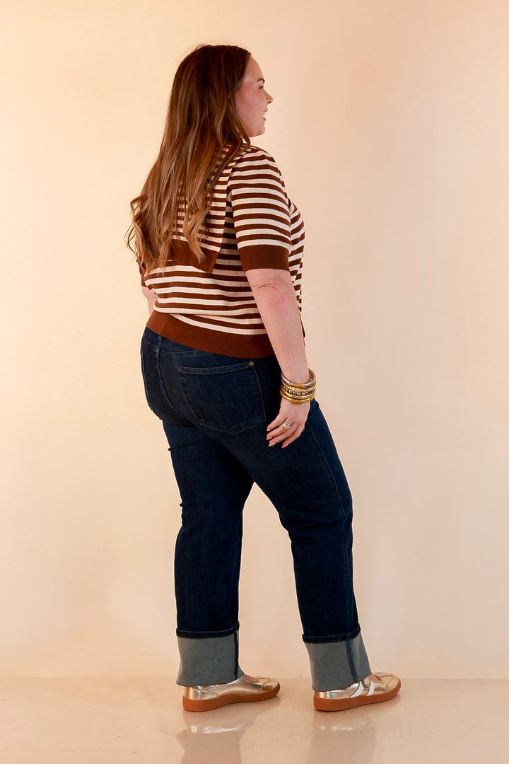 Leading Lady Faux Sweater Tie Detail Short Sleeve Striped Knit Top in Brown and Ivory