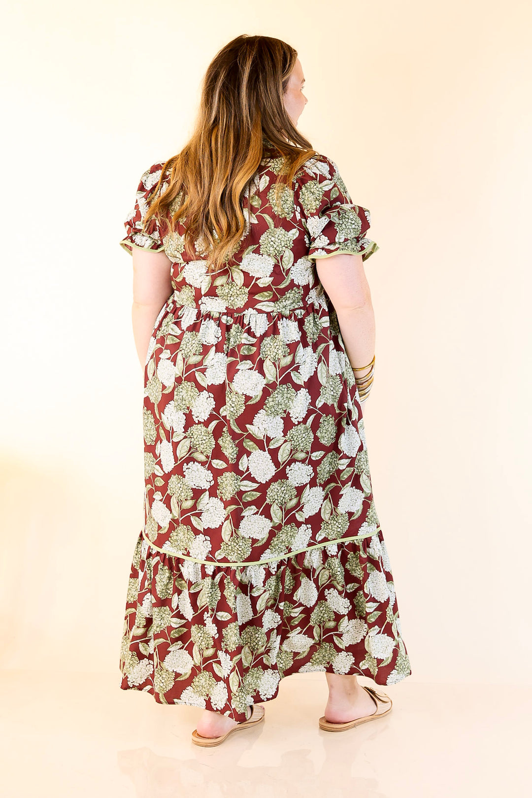 Petals & Poetry Hydrangea Floral Puff Sleeve Tiered Maxi Dress in Maroon