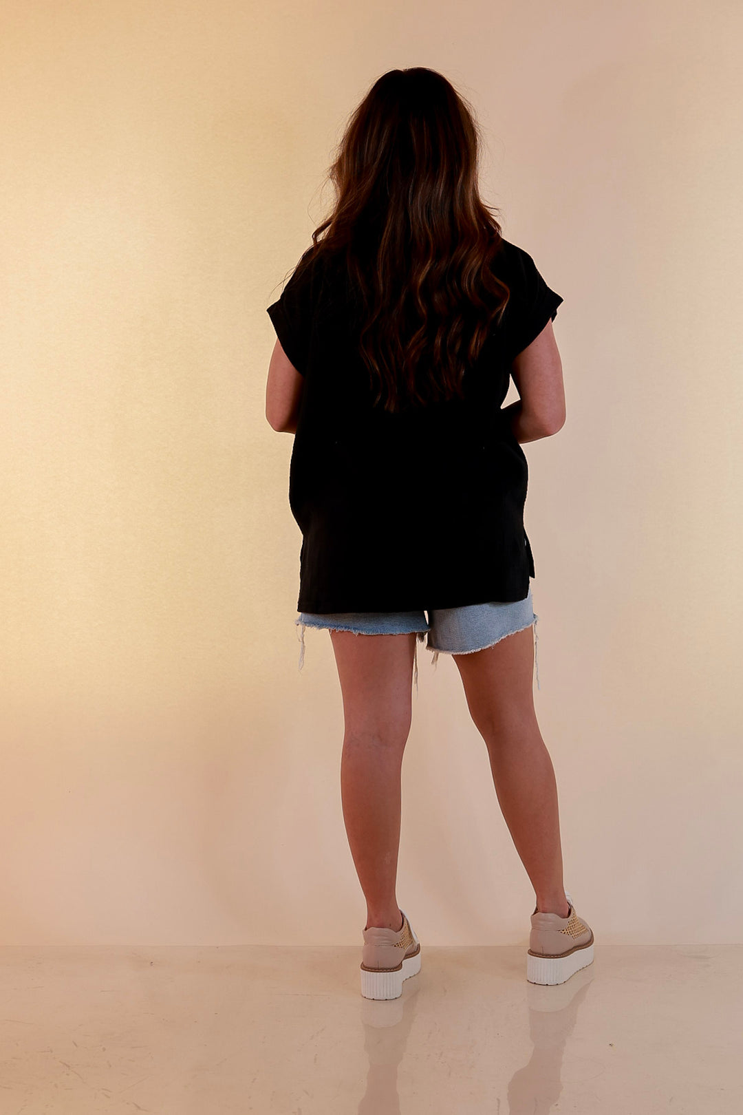 Always Appropriate Short Sleeve Linen Top with Rolled Sleeve Detail in Black
