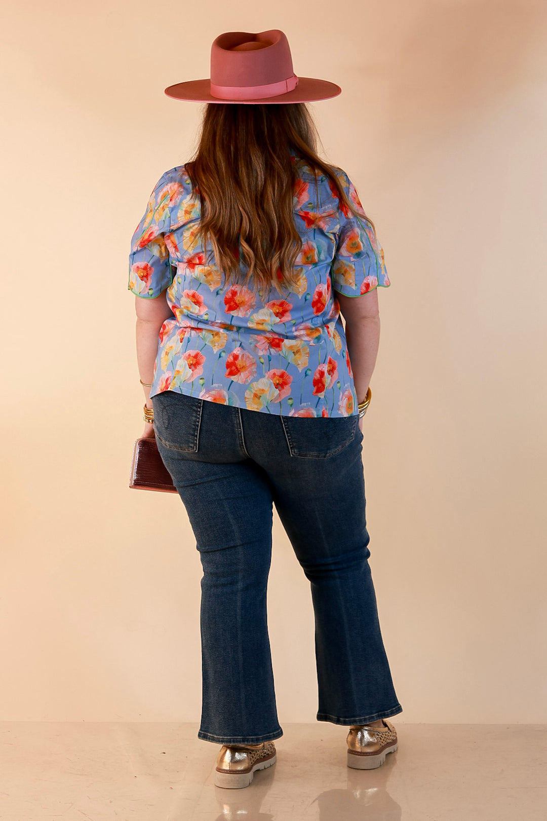Petals and Plans Poppy Floral Print Button Up Collar Blouse in Dusty Blue