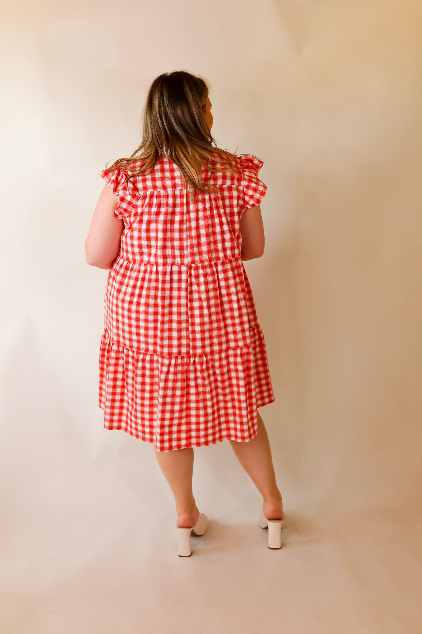 Sunny Pier Gingham Dress with Ruffle Cap Sleeves in Coral Red and White - Giddy Up Glamour Boutique