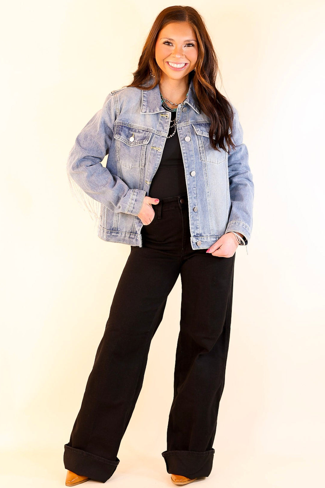 Rhinestone Cowgirl Crystal Fringe Denim Jacket in Medium Wash