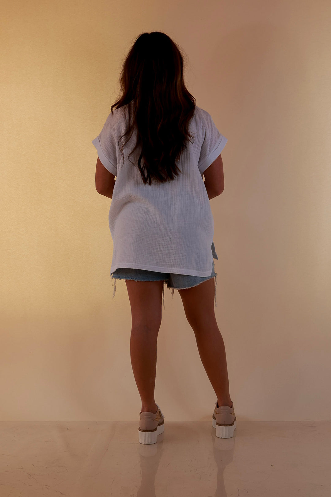 Always Appropriate Short Sleeve Linen Top with Rolled Sleeve Detail in White
