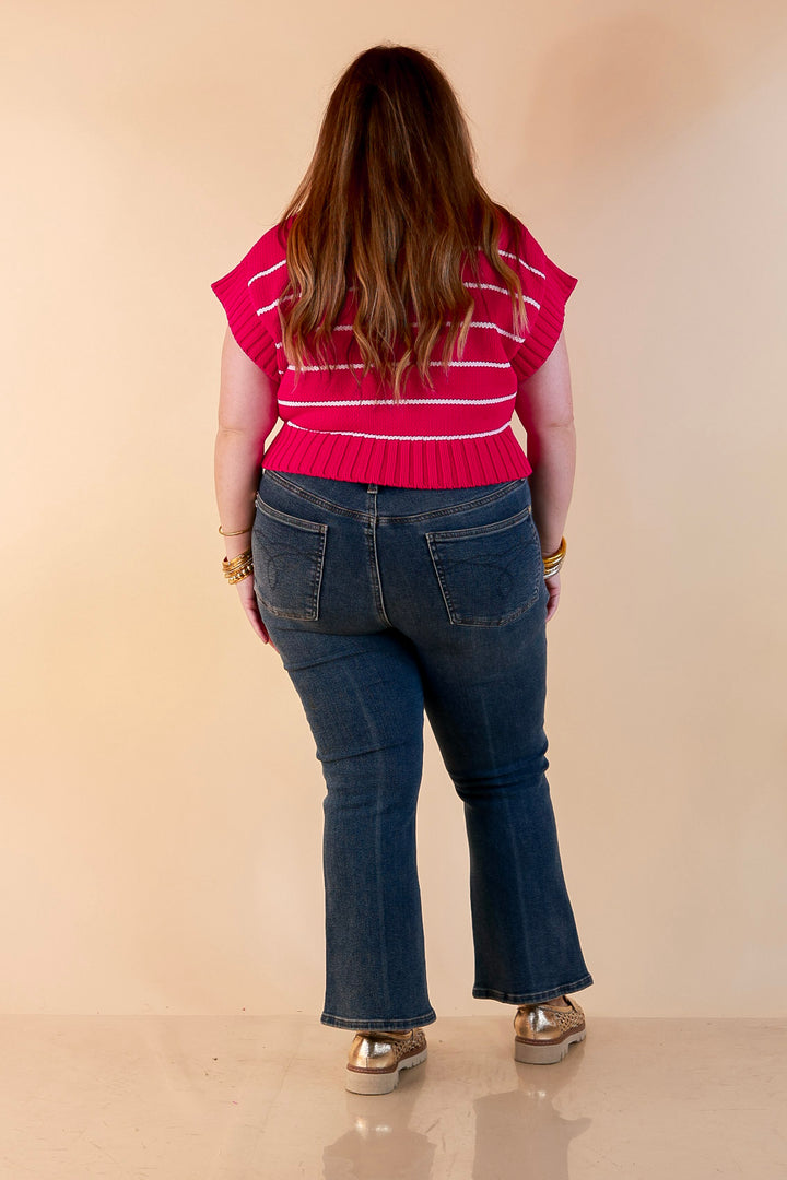 Sweet in Stripes Short Sleeve Striped Mock Neck Sweater in Hot Pink