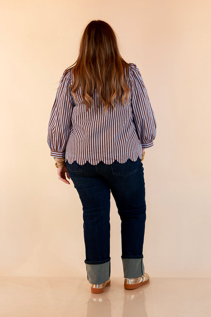 In Good Company Striped Bow Neck Scalloped Hem Blouse in Blue and Brown
