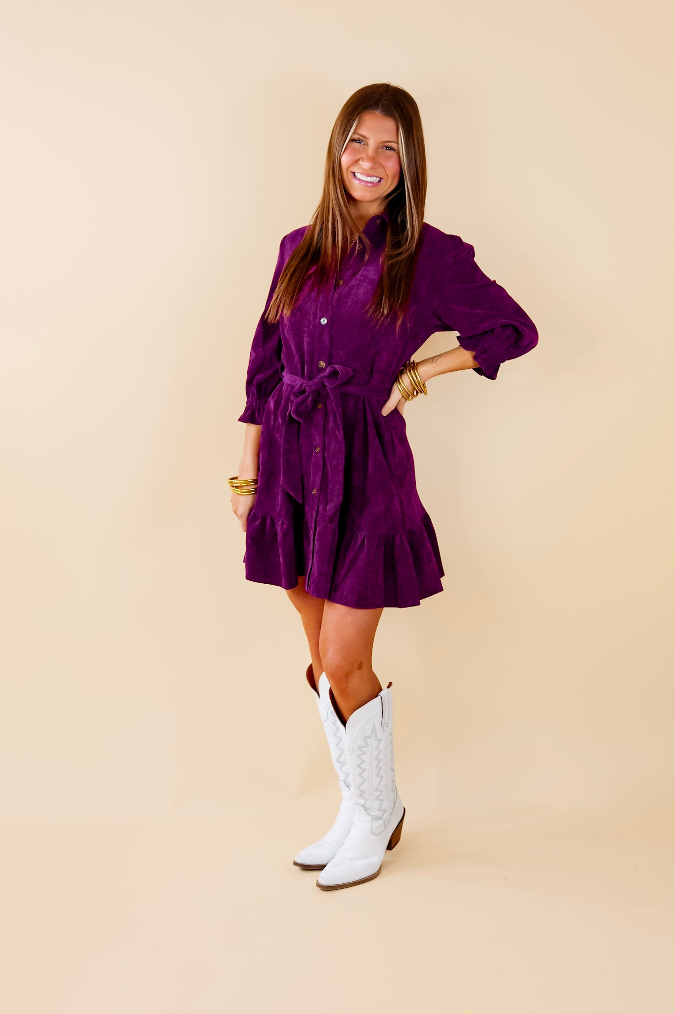 Cinnamon Lane Button Up Corduroy Dress with Waist Tie in Violet Purple - Giddy Up Glamour Boutique