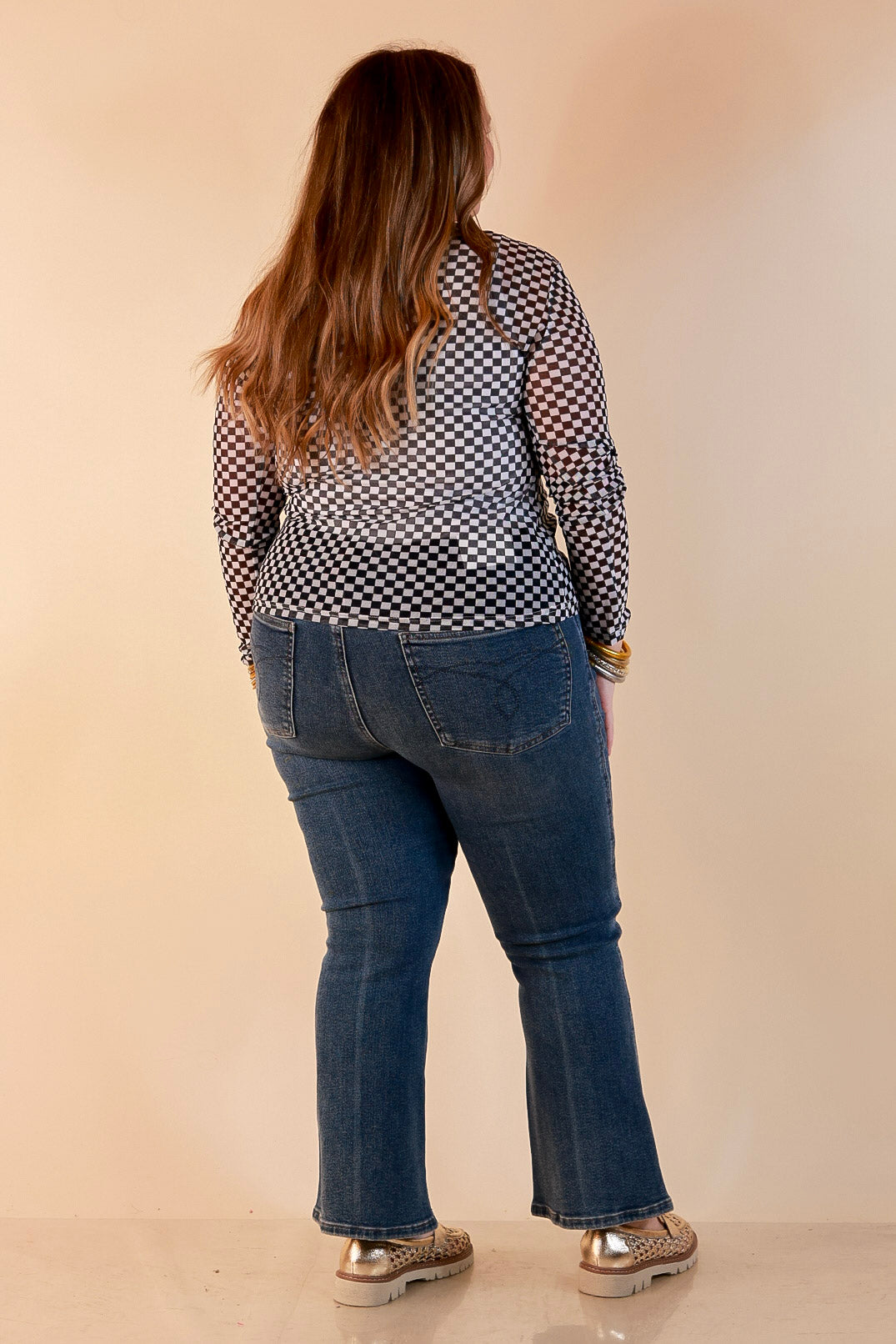 The Perfect Layer Checkered Print Sheer Mesh Long Sleeve Top in Black and White