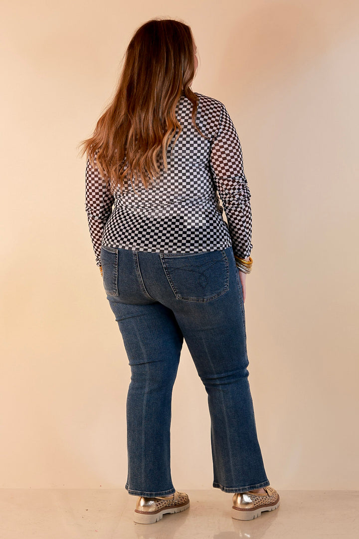 The Perfect Layer Checkered Print Sheer Mesh Long Sleeve Top in Black and White