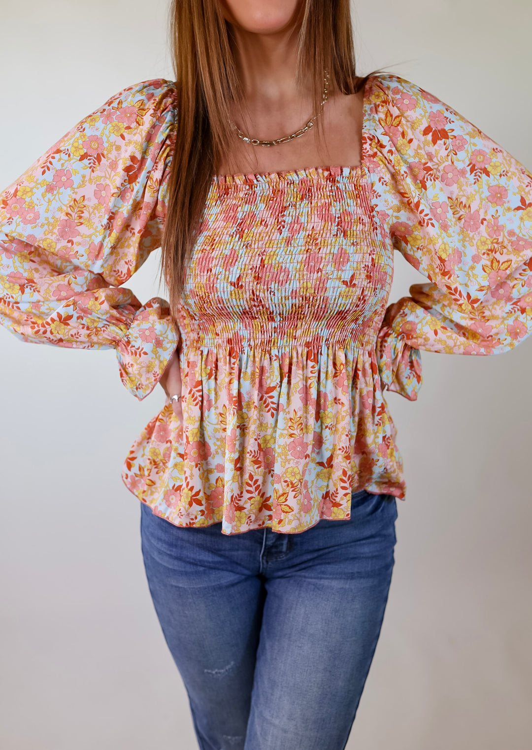 Confidently Me Floral Square Neck Long Sleeve Top in Pink - Giddy Up Glamour Boutique