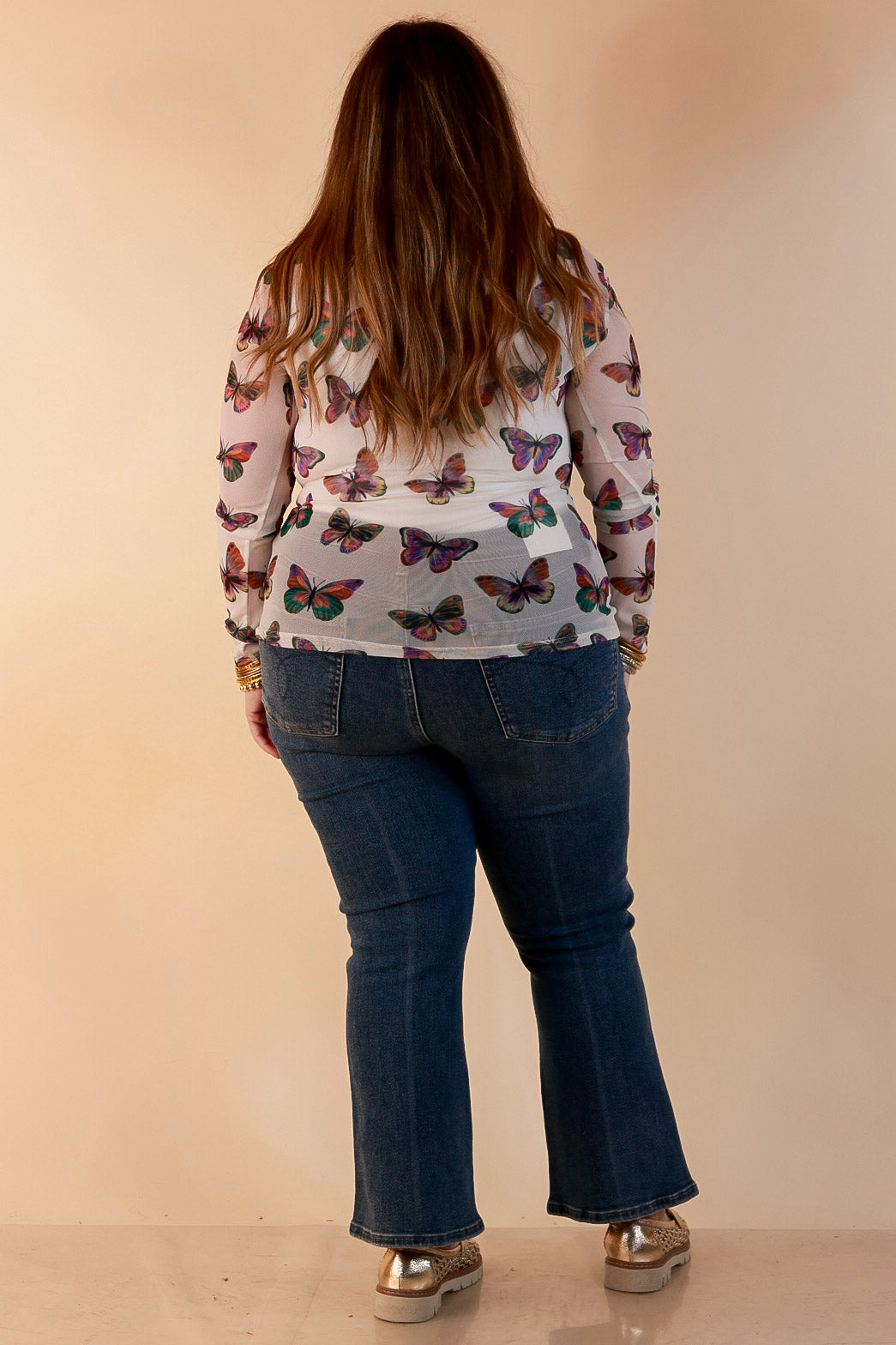 The Perfect Layer Butterfly Print Sheer Mesh Long Sleeve Top in Cream and Gemstone Colors