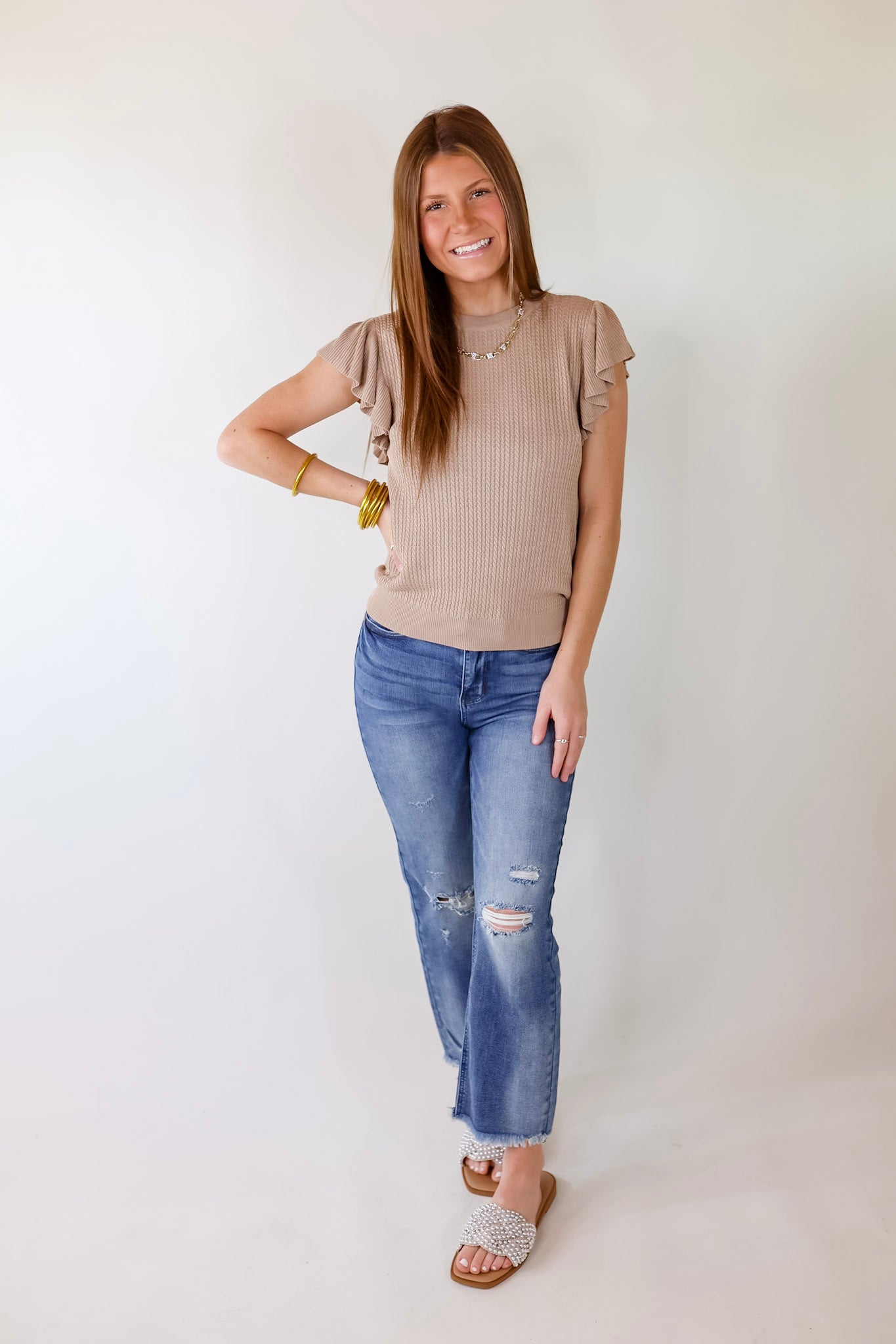 Coffee Date Knit Top With Ruffled Sleeves in Mocha - Giddy Up Glamour Boutique