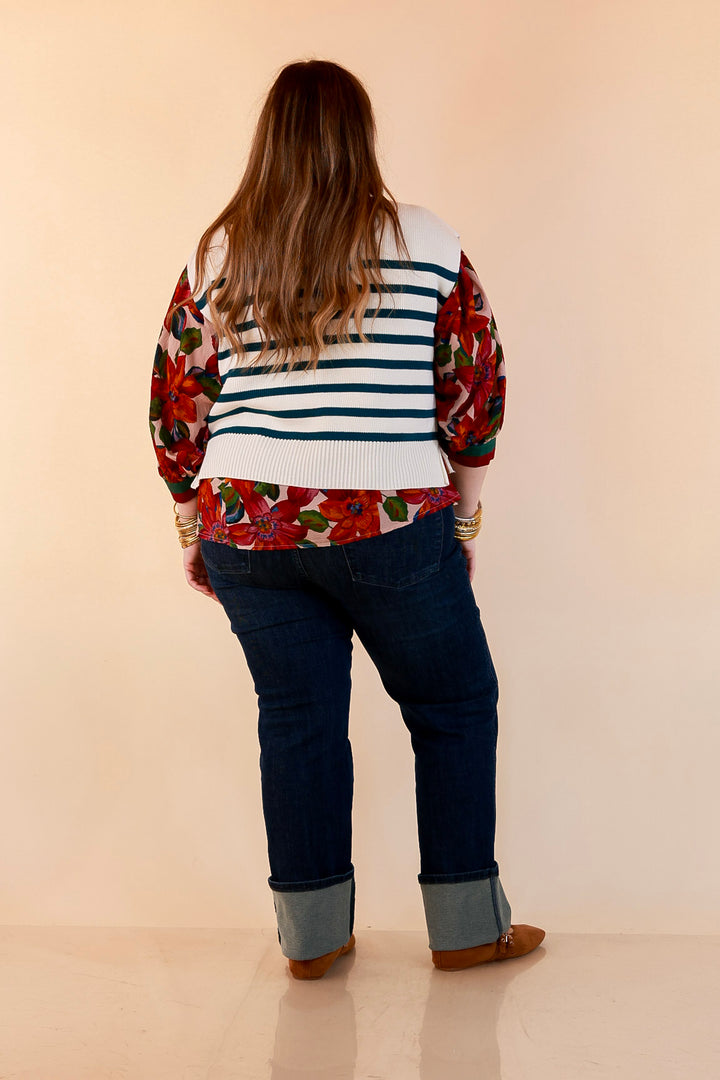 Stripe Things Up Drop Shoulder Knit Sweater in White with Teal Blue Stripes