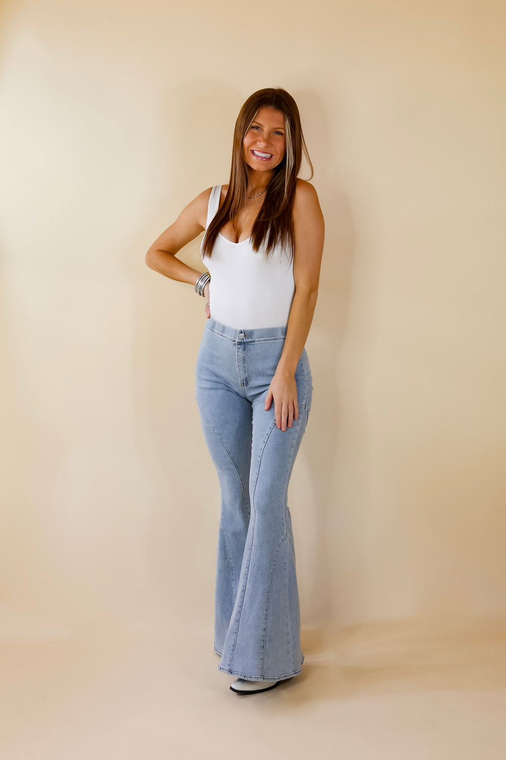 All I Needed Denim Bell Bottoms in Light Wash - Giddy Up Glamour Boutique