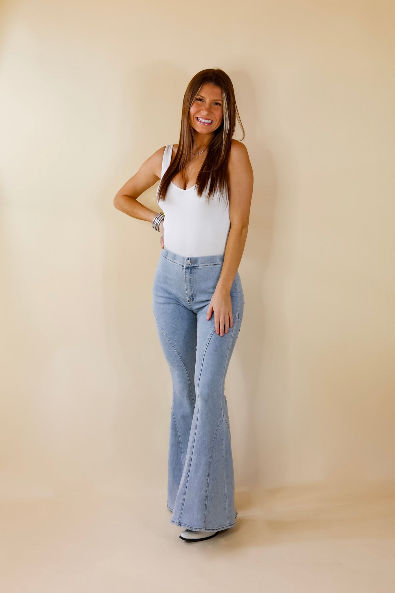 Buy Women's High Waist Denim Jeans Ruffle Tiered Bell Bottom Pants