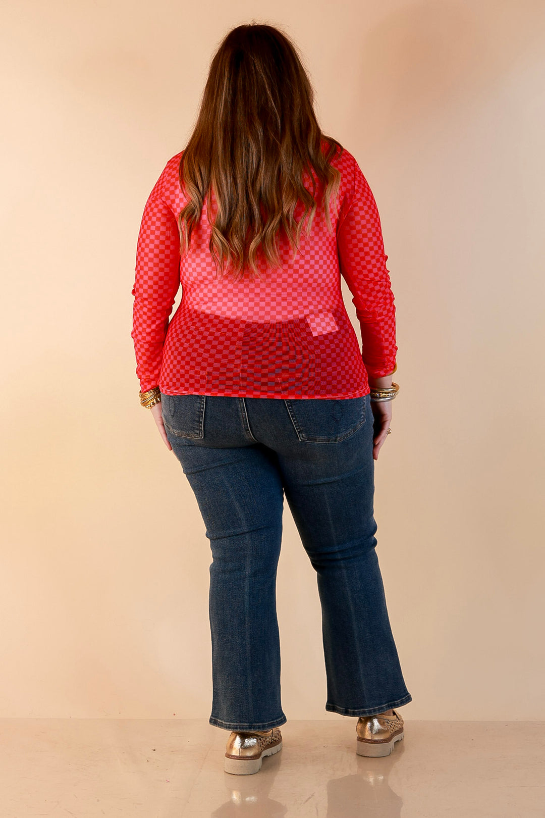 The Perfect Layer Checkered Print Sheer Mesh Long Sleeve Top in Red and Pink