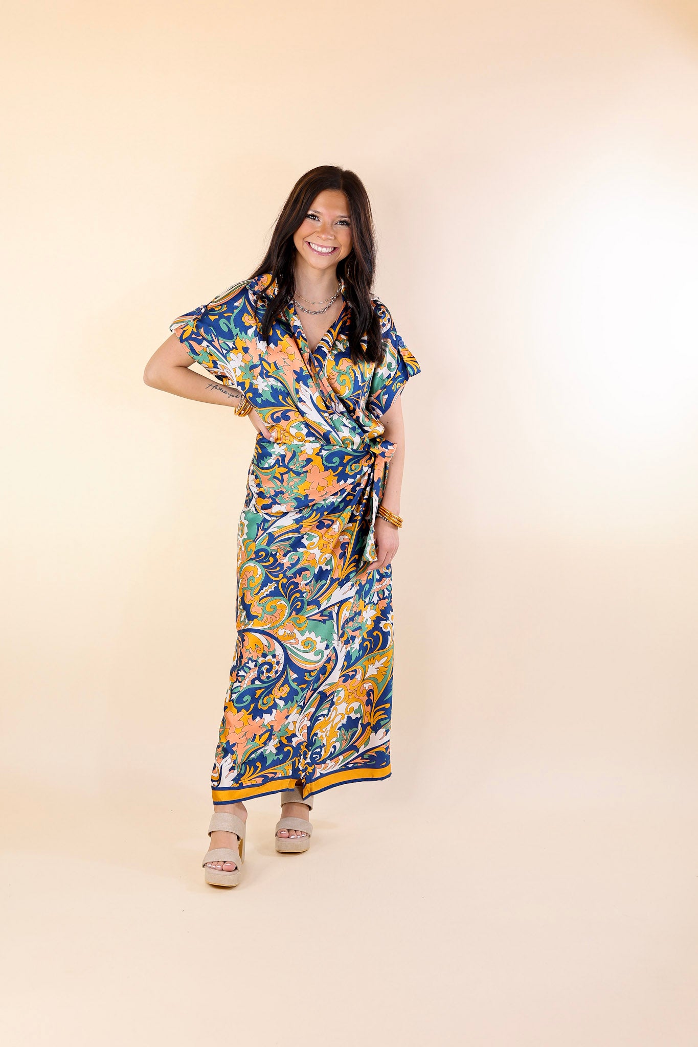 Room With A View Baroque Print Wrap Midi Dress in Gold and Navy