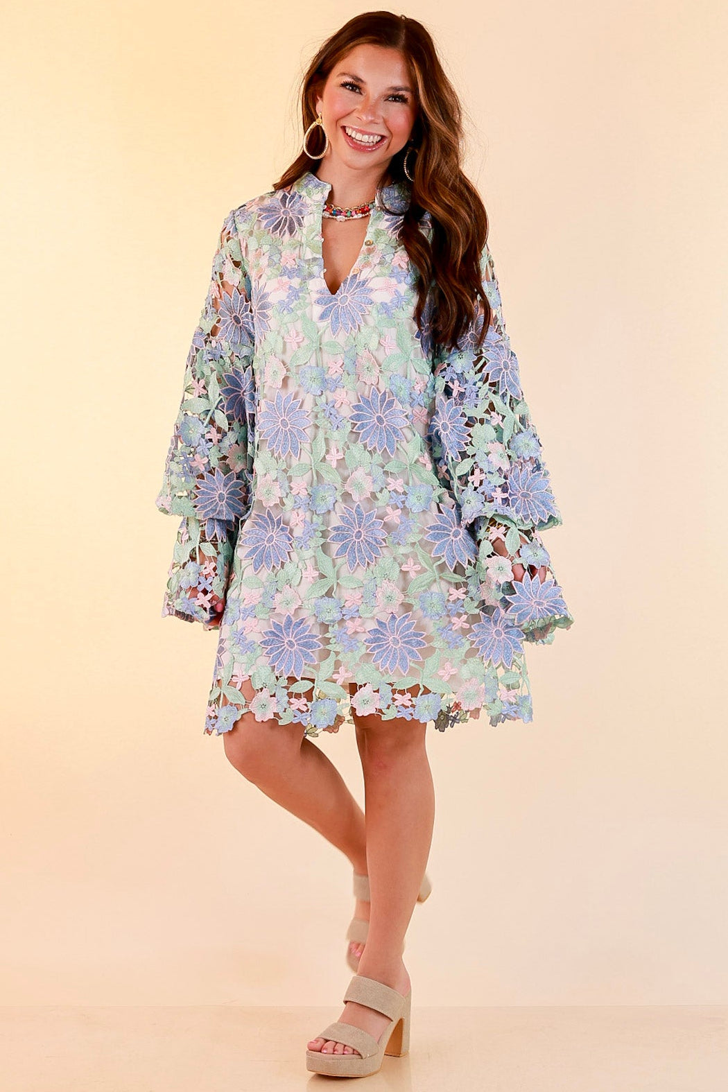BuddyLove | Gayle Long Sleeve Mini Dress in Bellflower (Blue, Mint Green and Pink)