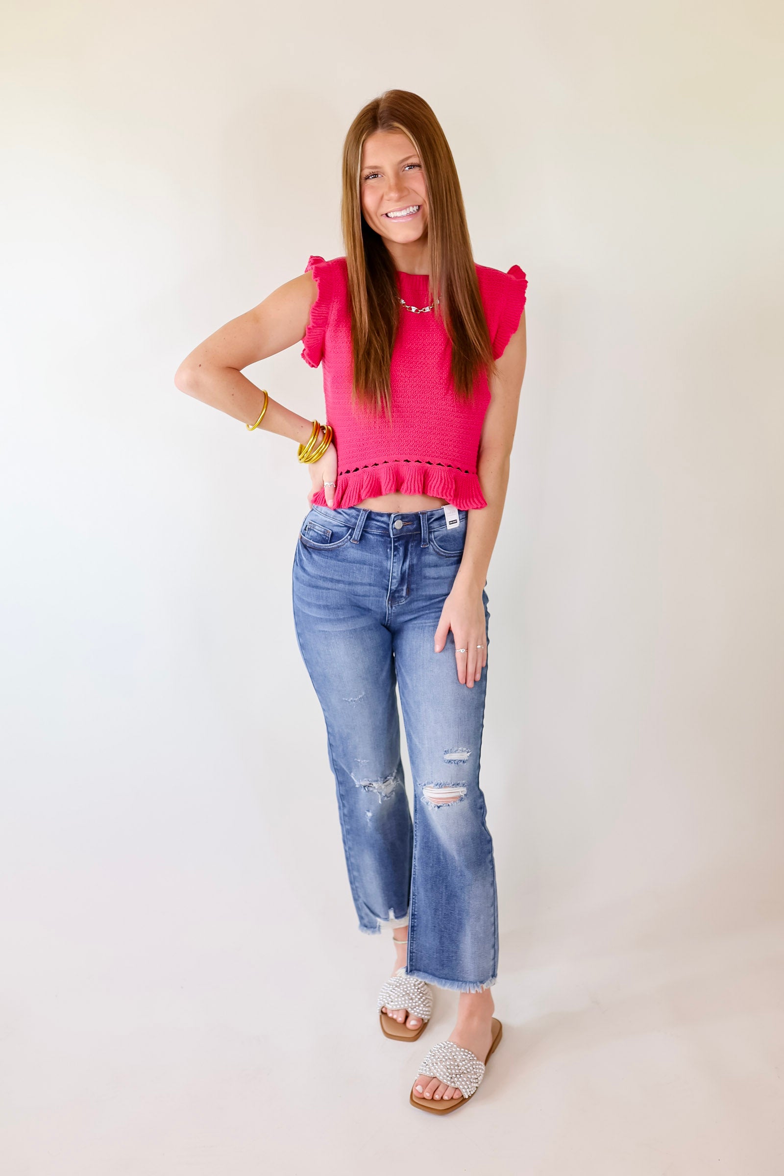 Breezy Baby Cropped Sweater with Ruffle Cap Sleeves in Hot Pink - Giddy Up Glamour Boutique