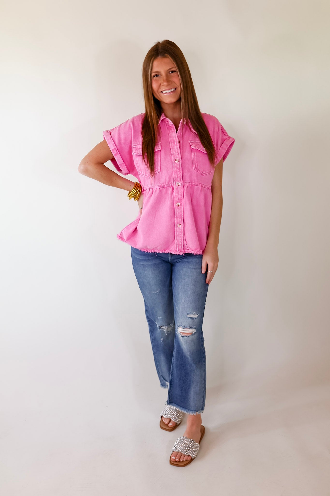 Stay Beautiful Button Up Denim Top in Pink - Giddy Up Glamour Boutique