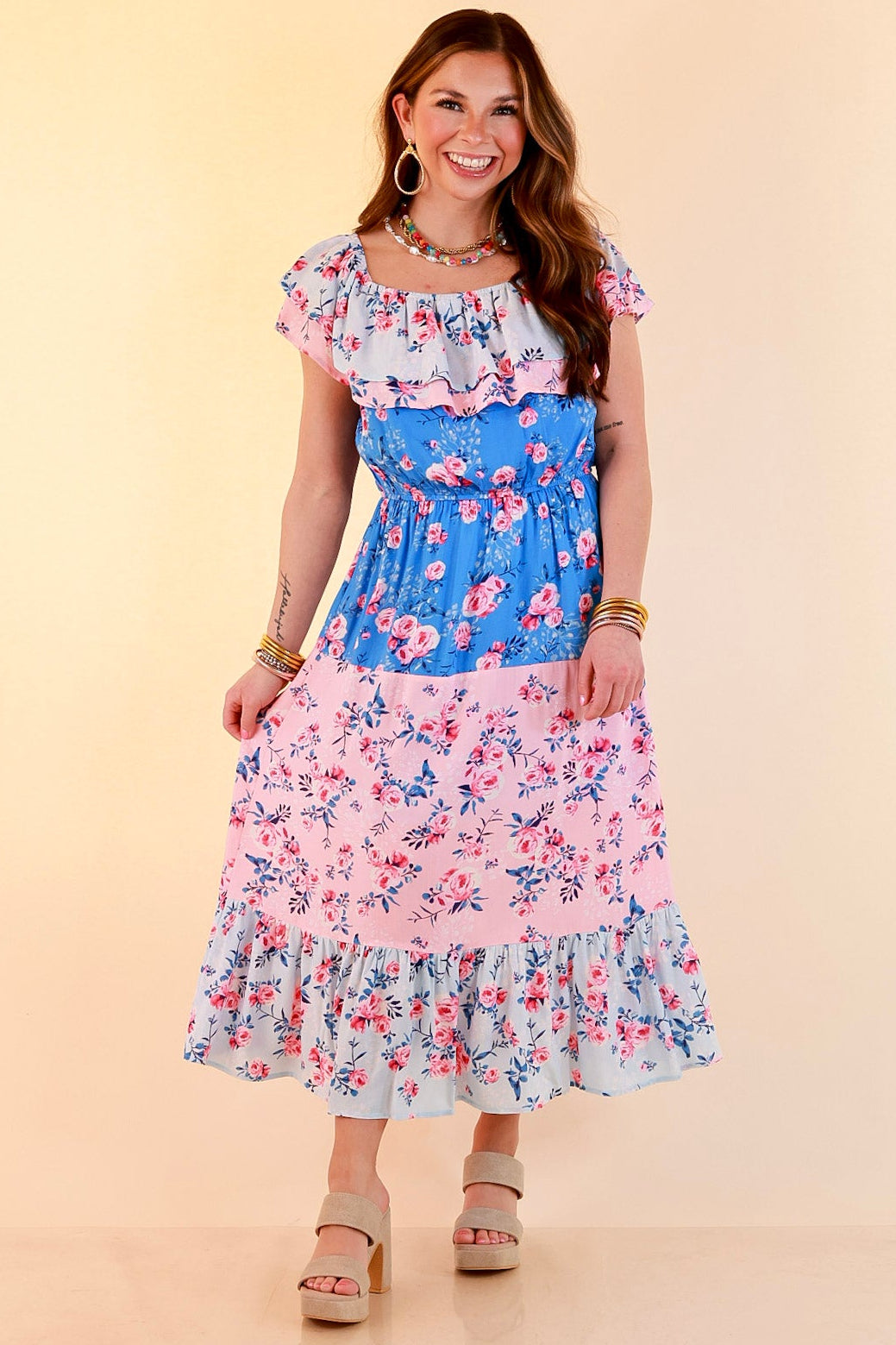 Tides In Tulum Floral Midi Dress with Ruffle Sleeves in Pink and Blue