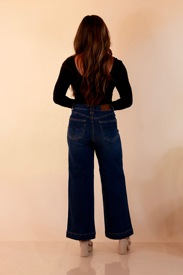 Judy Blue | Wide Open Style Ankle Length Cropped Wide Leg Tummy Control Trouser Denim Jeans in Dark Wash