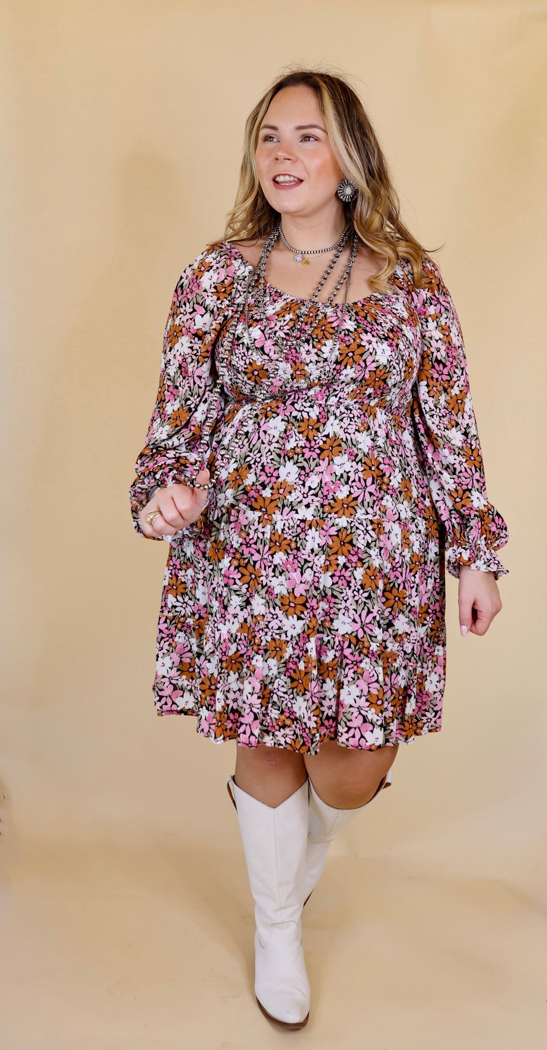 Day Cafe Smocked Bodice Floral Long Sleeve Dress in Light Pink and Rust - Giddy Up Glamour Boutique