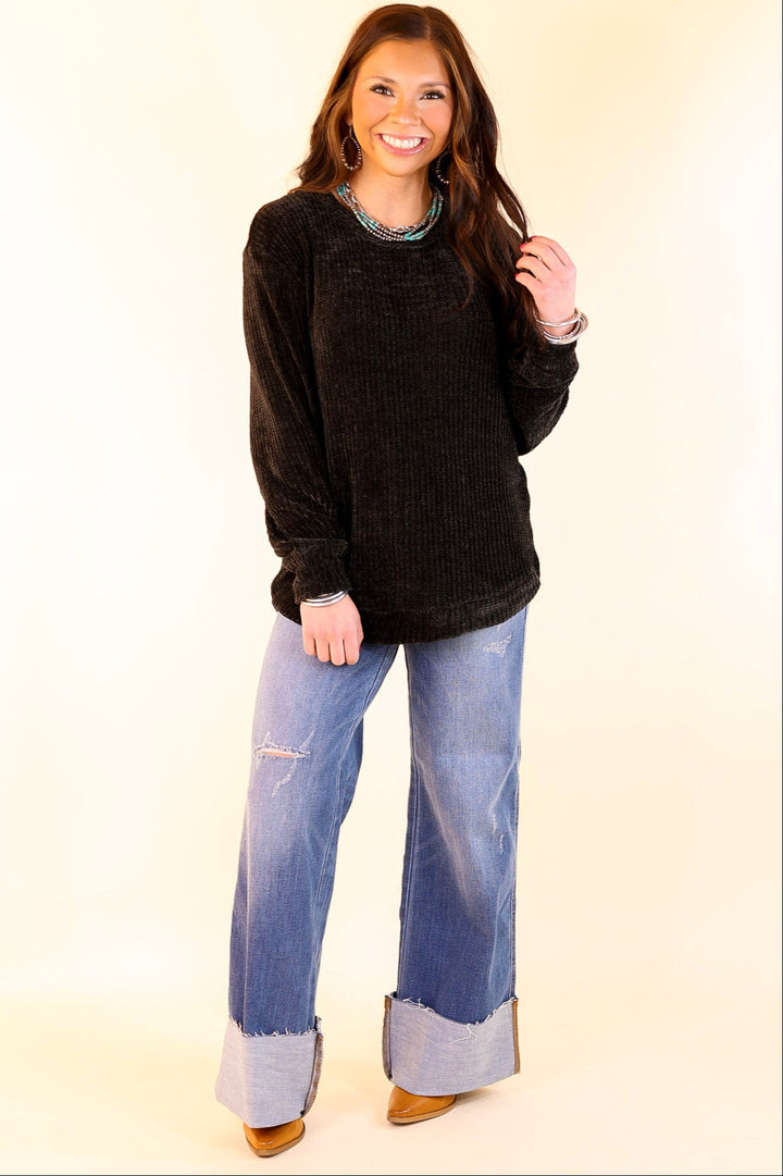 Classic Cutie Long Sleeve Chenille Waffle Knit Round Neck Sweater in Black