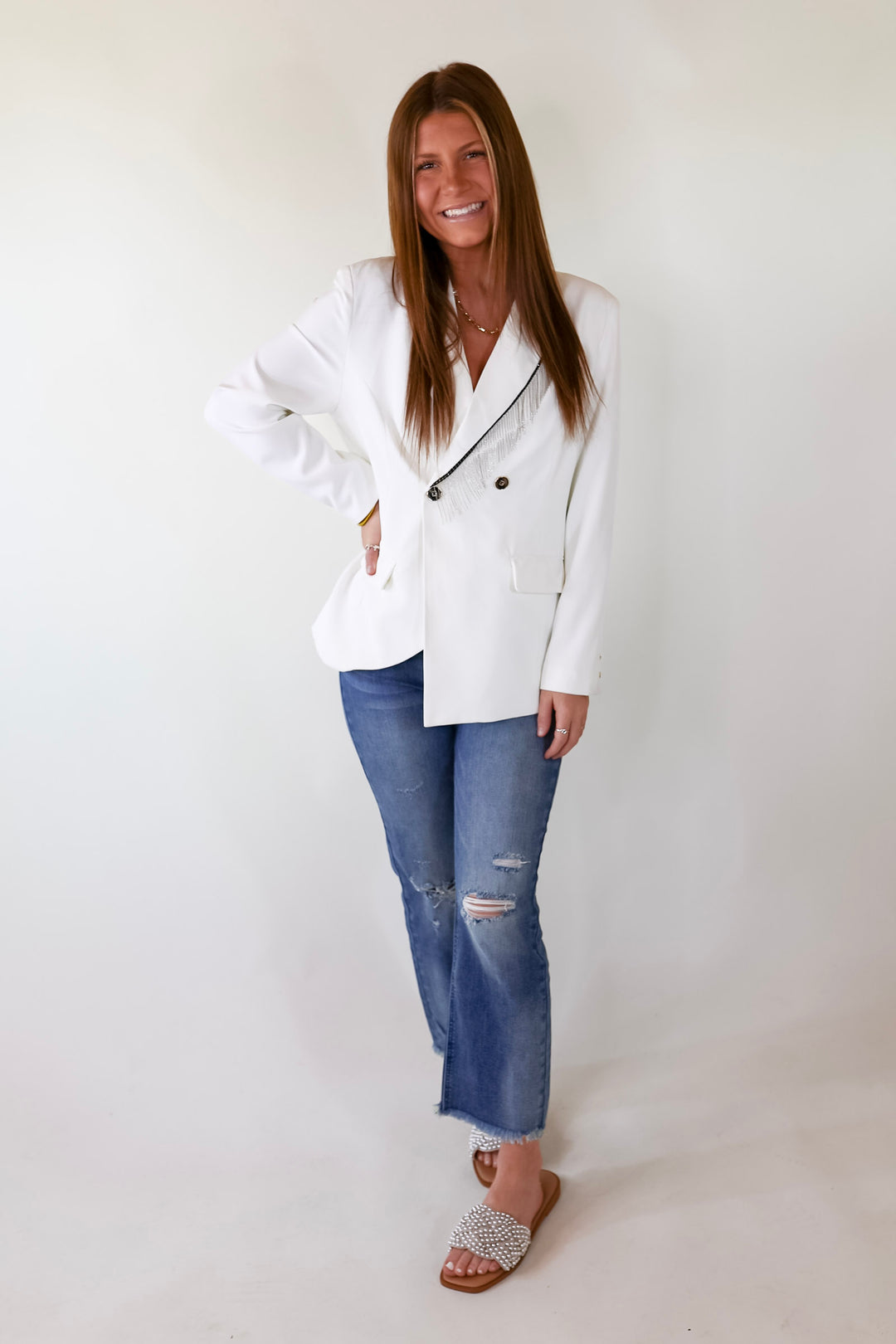 Classic Reimagined Blazer with Silver Fringe in White - Giddy Up Glamour Boutique