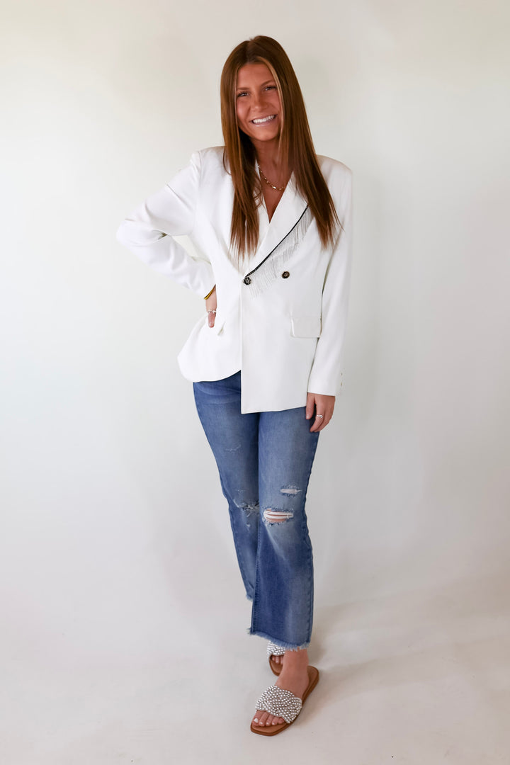 Classic Reimagined Blazer with Silver Fringe in White - Giddy Up Glamour Boutique