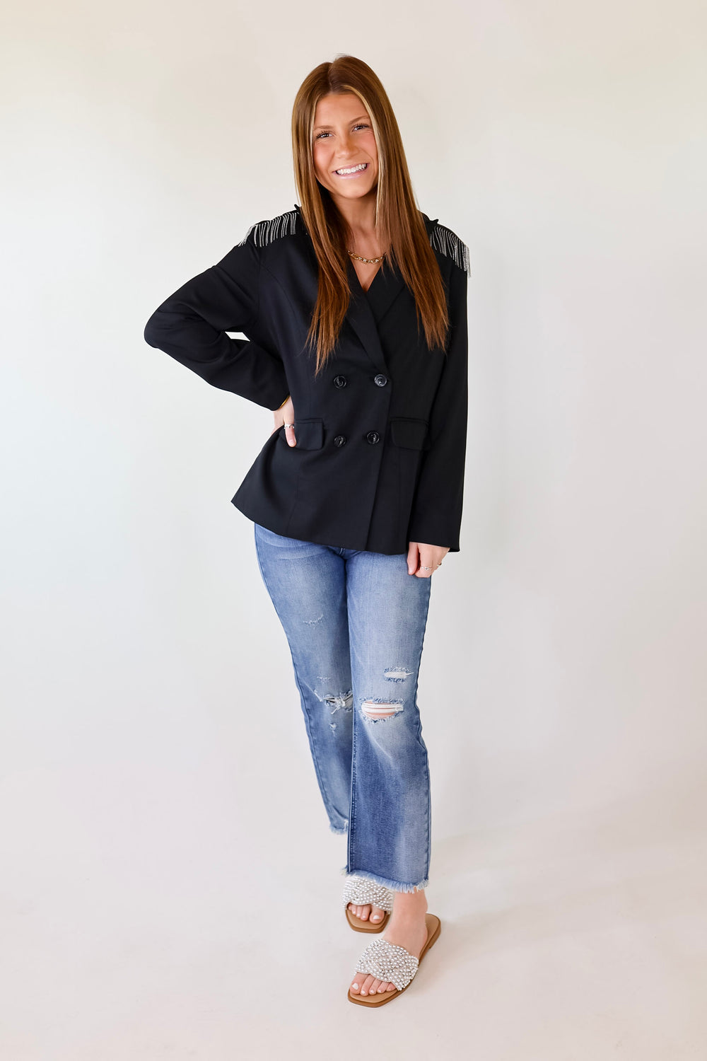 Check Me Out Blazer with Silver Fringe in Black - Giddy Up Glamour Boutique
